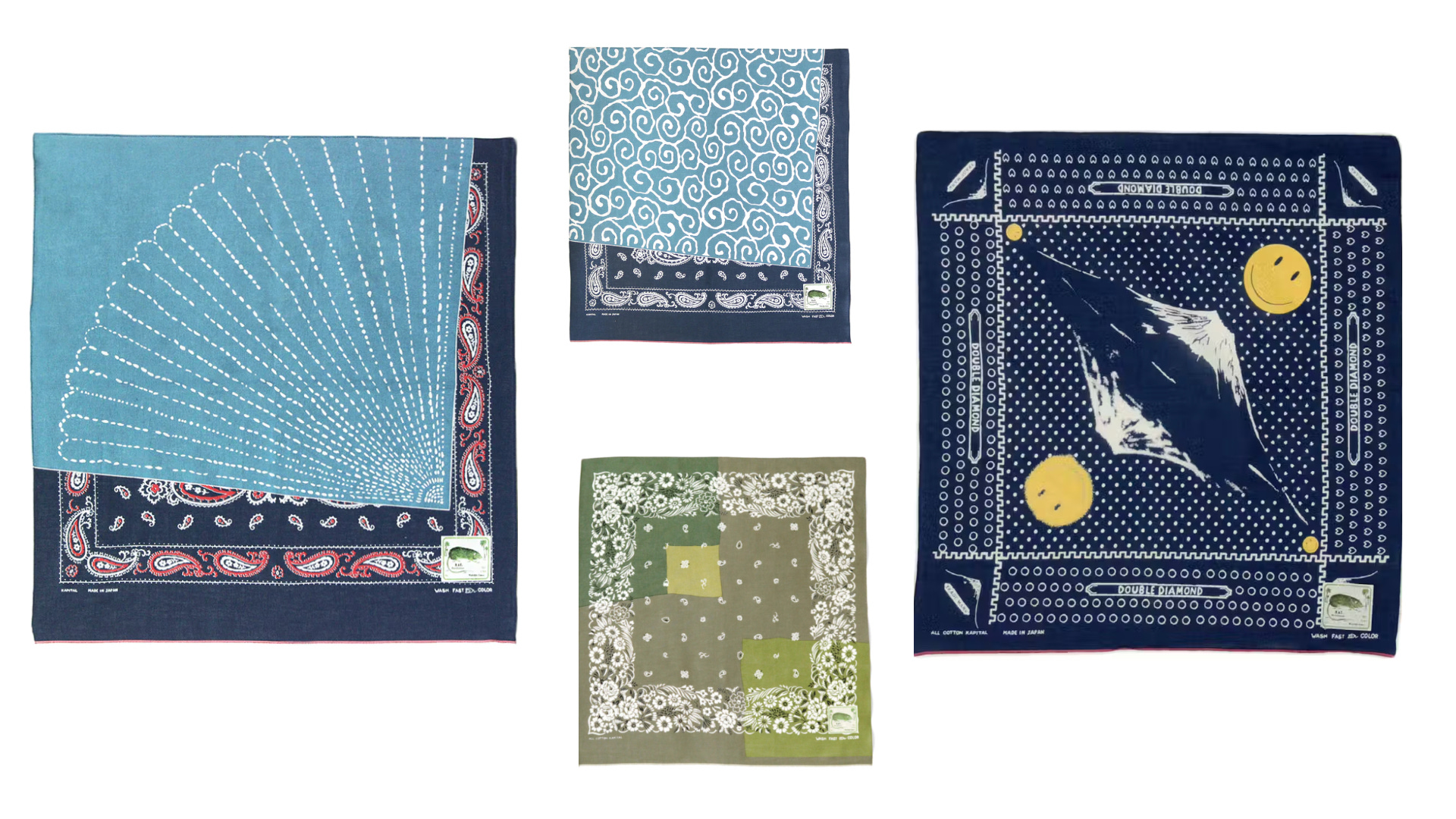 Four Kapital bandanas with different designs on a white background.