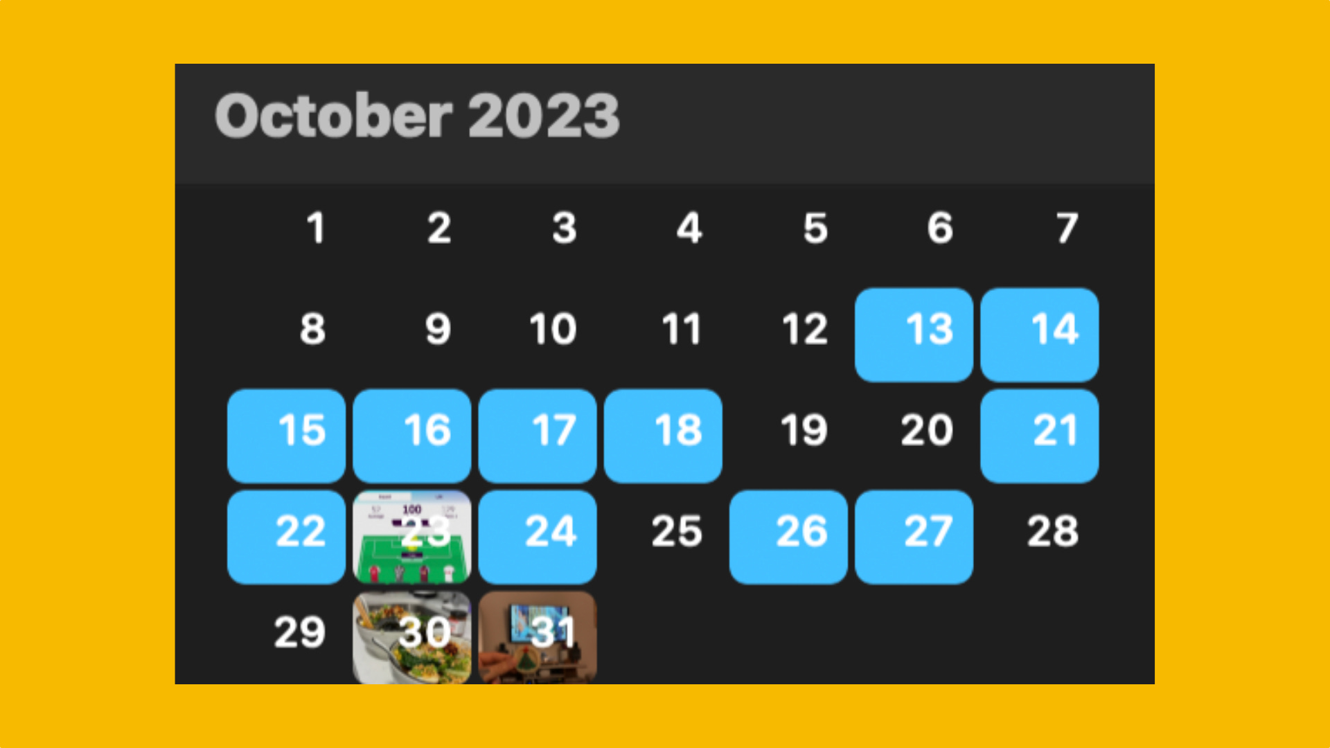 A calendar showing the days that I journaled highlighted in blue.