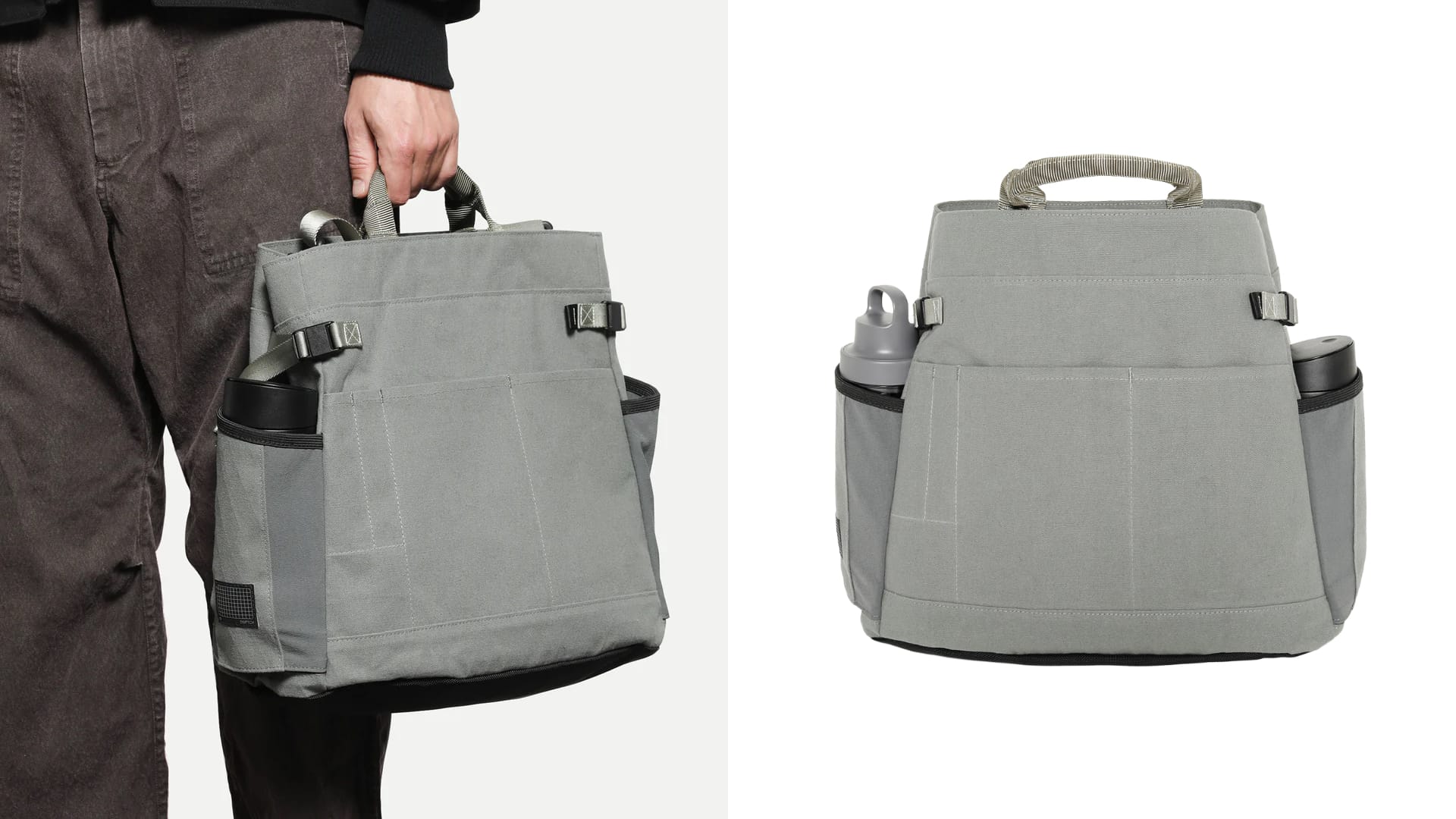 Man on the left holding the Cinch tote with a standalone image of the tote on the right.