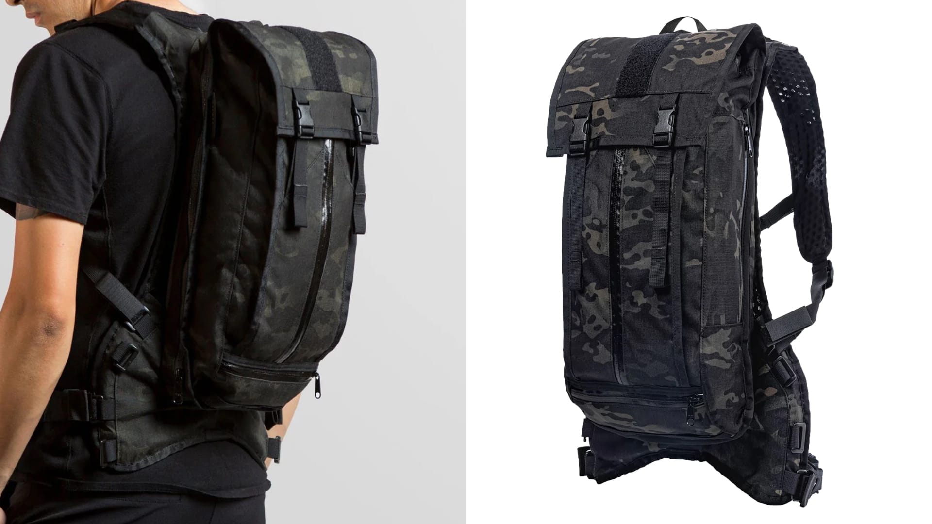 Man wearing Hauser backpack on the left with a standalone image of the bag on the right.