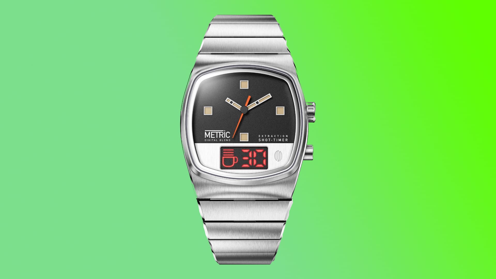 Metric Brew watch from the front on a green background.