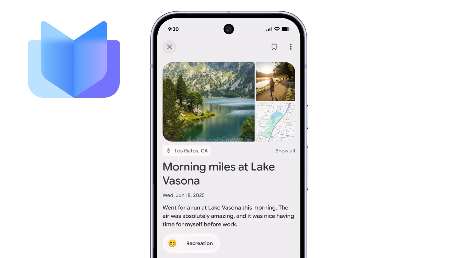 Pixel Journal logo on the left with a phone showing the app in the center.