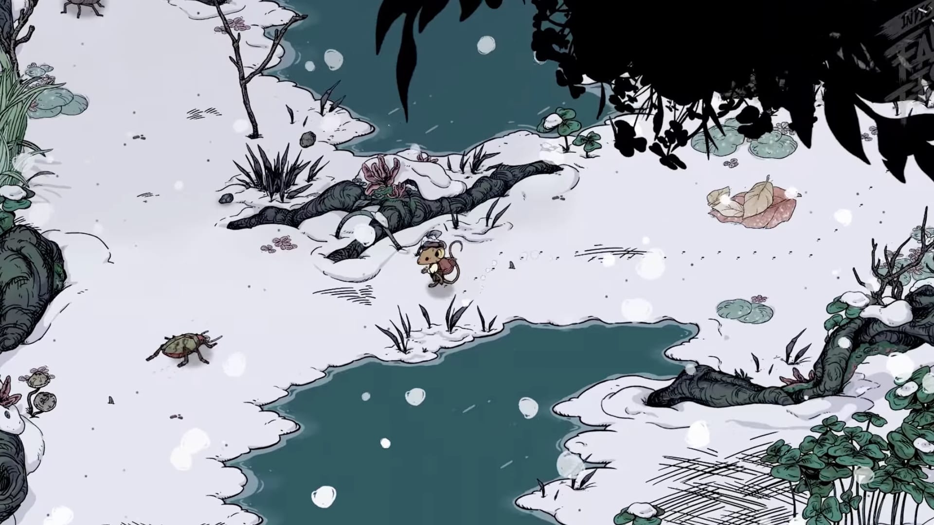 A small mouse in a hand-drawn art style running across snow.