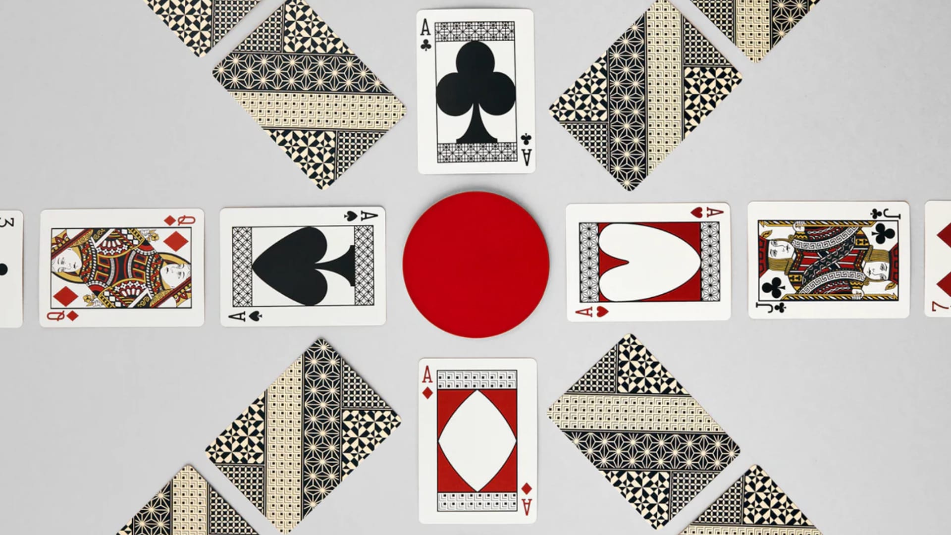 Yosegi cards layed out around a red circle.