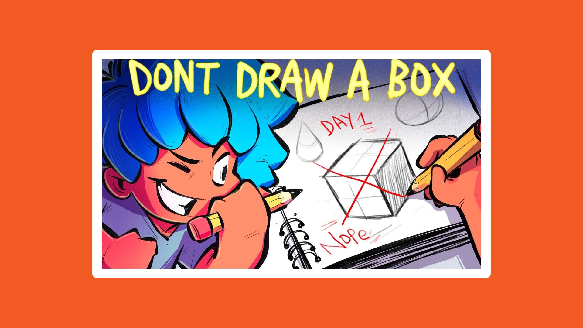 YouTube thumbnail depicting a cartoon character drawing a box.