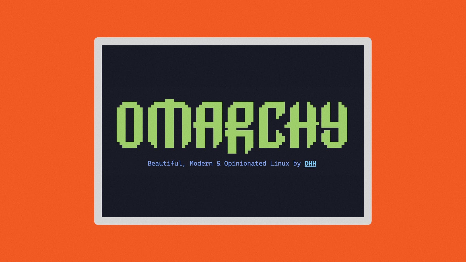 Screenshot of the main page for Omarchy with the word "Omarchy" written in a pixel font.