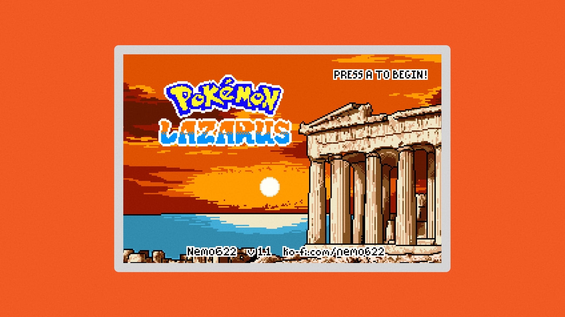 Pokemon style game cover with Greek ruins and a sunset.