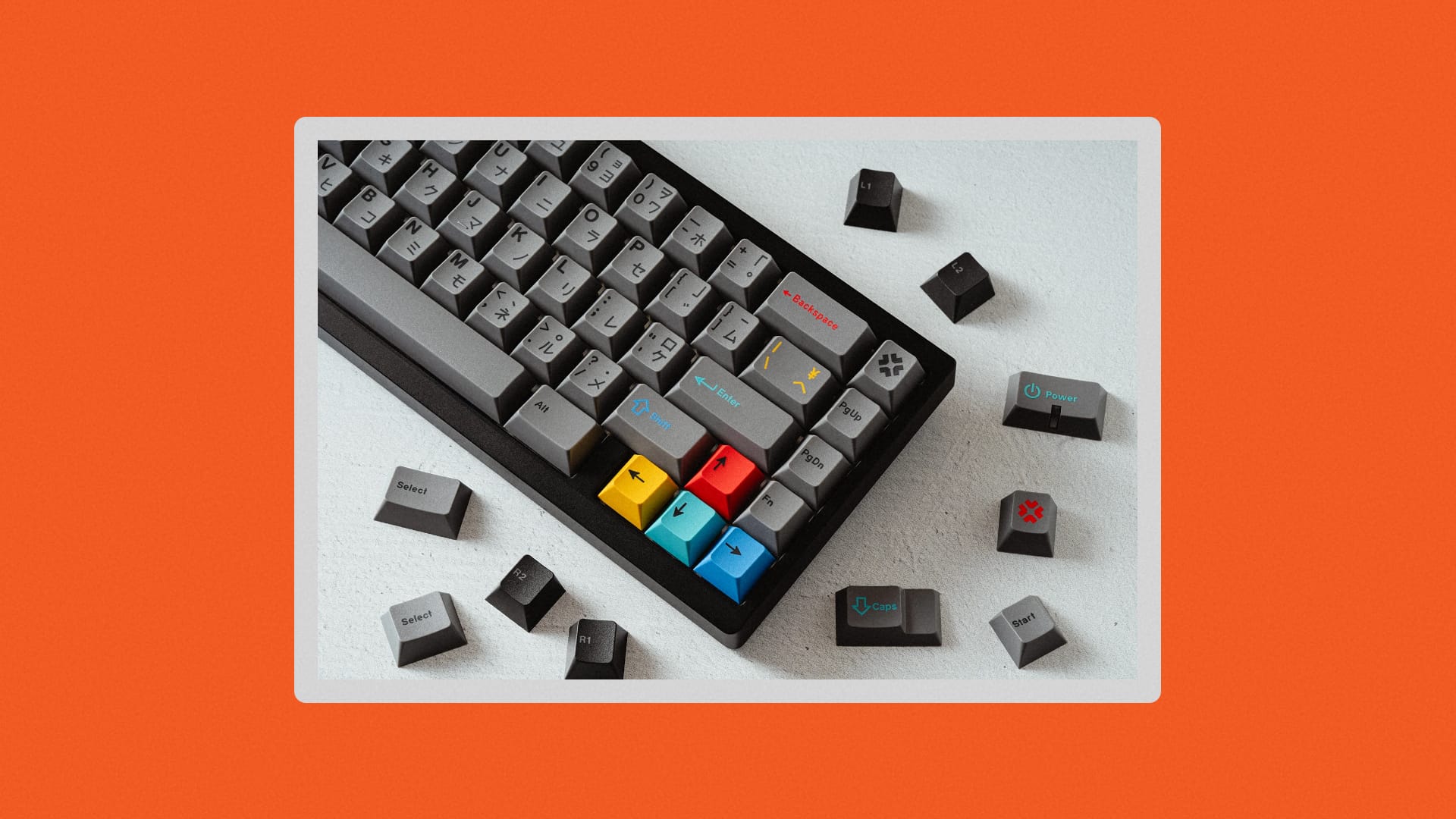 Colorful kepcaps on a black keyboard.