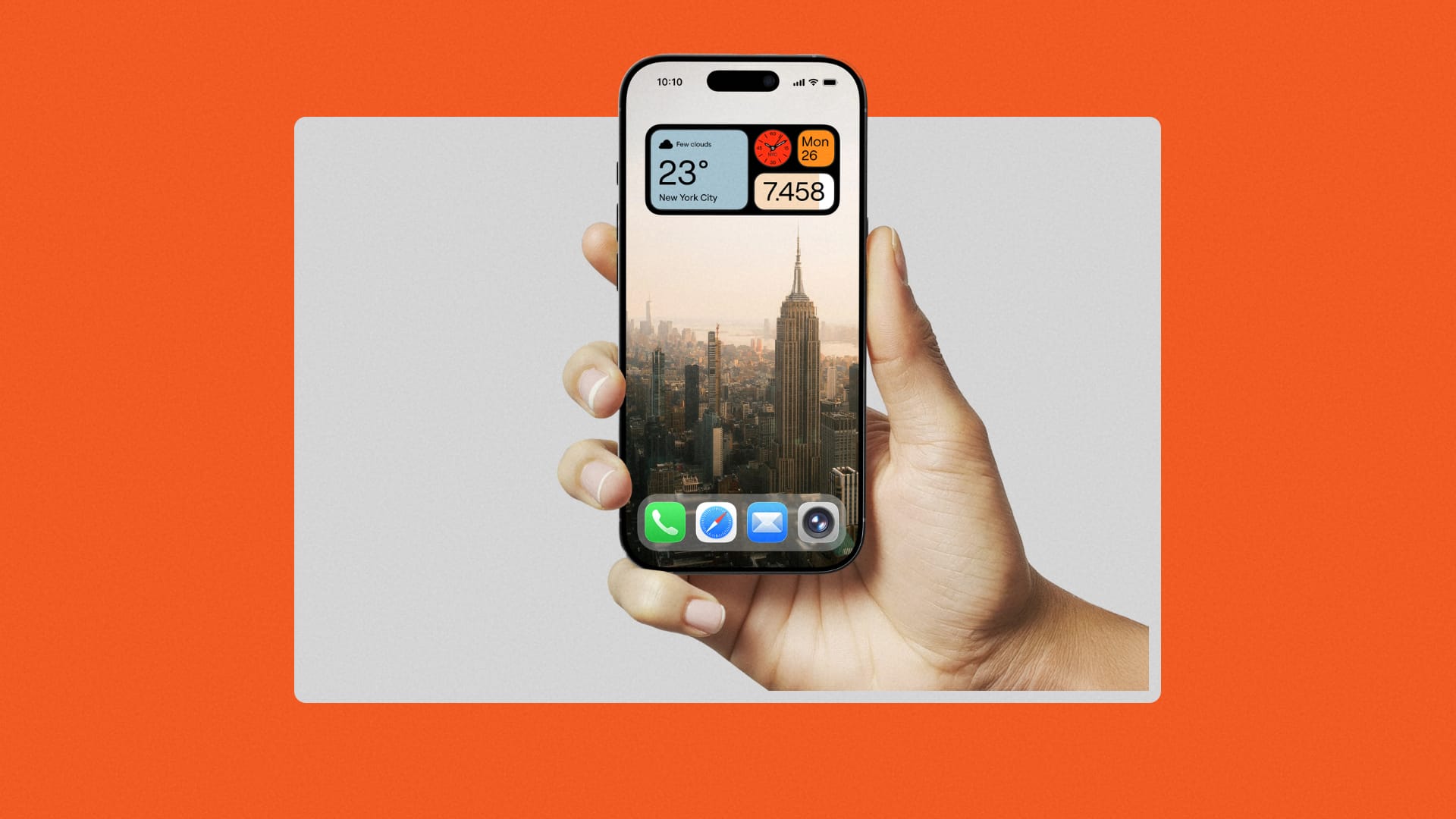 A hand holding an iPhone with the colorful widgets on the homescreen.