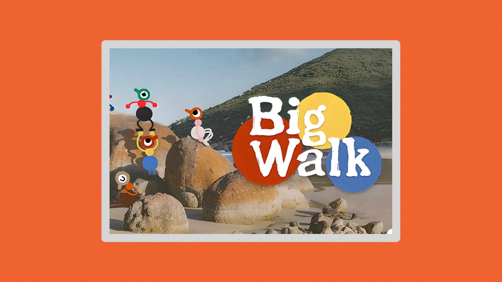 Cover art for the Big Walk game with the quirky characters hanging out on rocks at the beach.