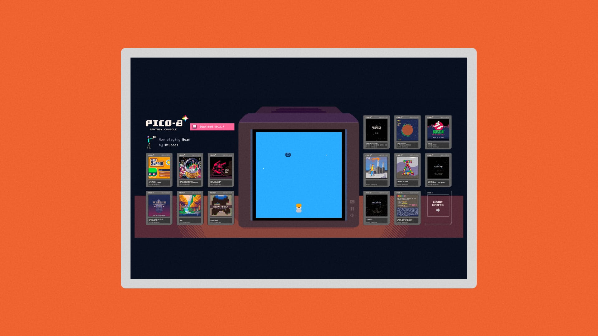 Pixel art game cartridges surrounding a pixel art television.