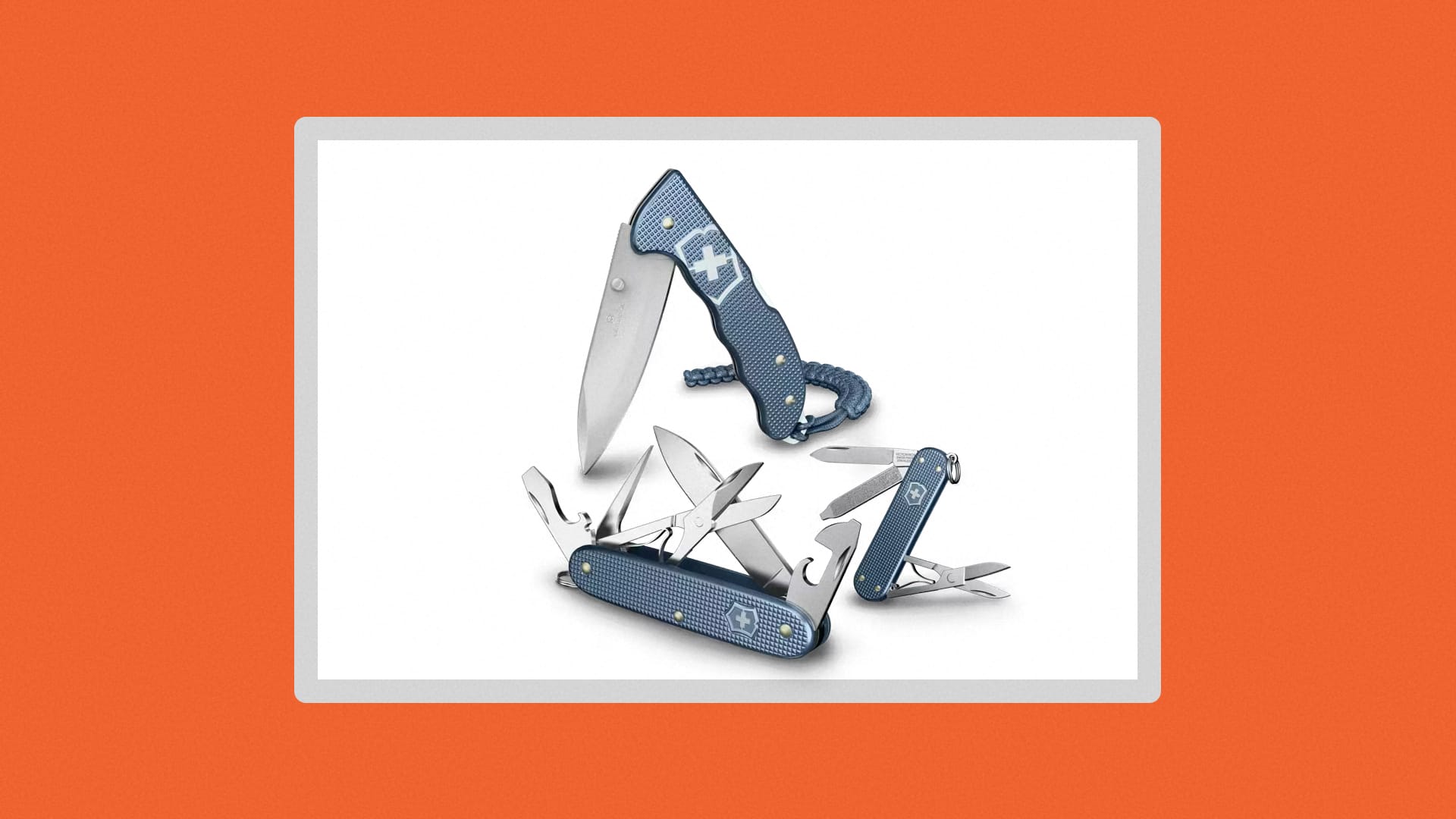 The three new blue Victorinox tools on a white background.