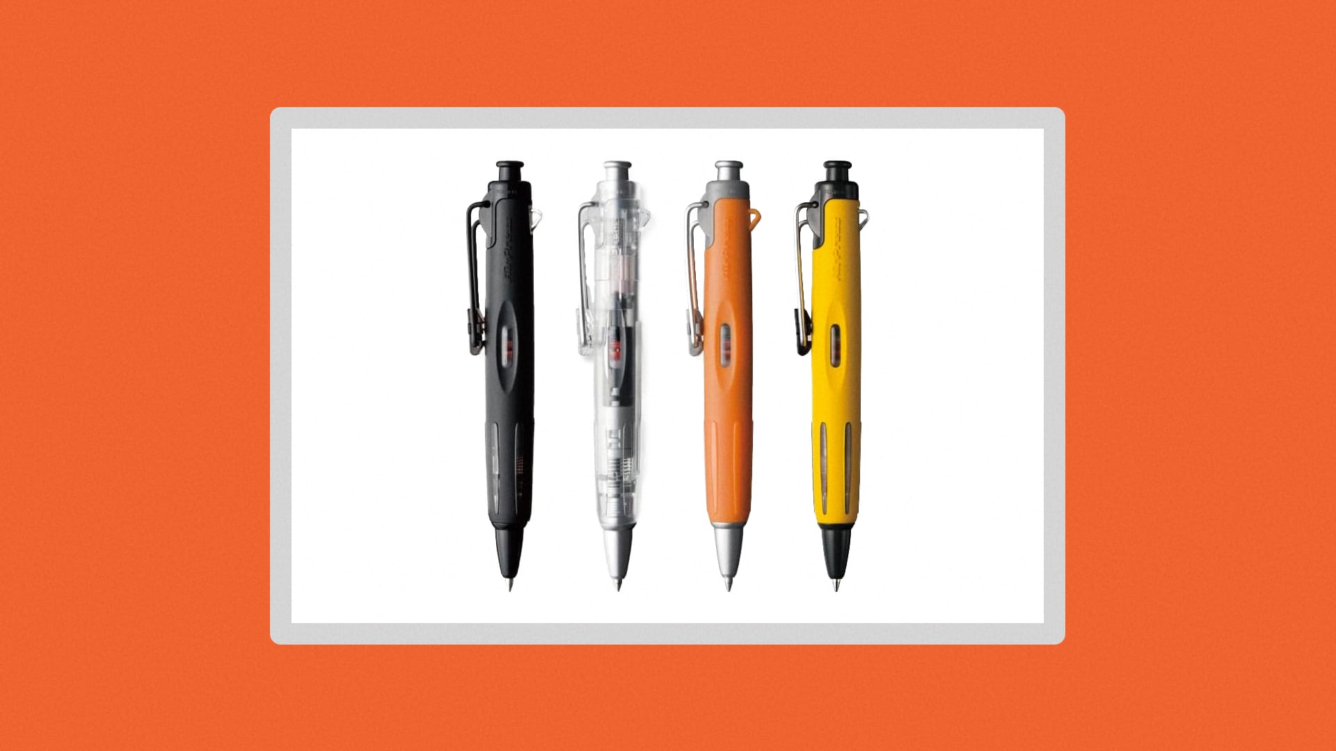 The pens in black, transparent, orange, and yellow.