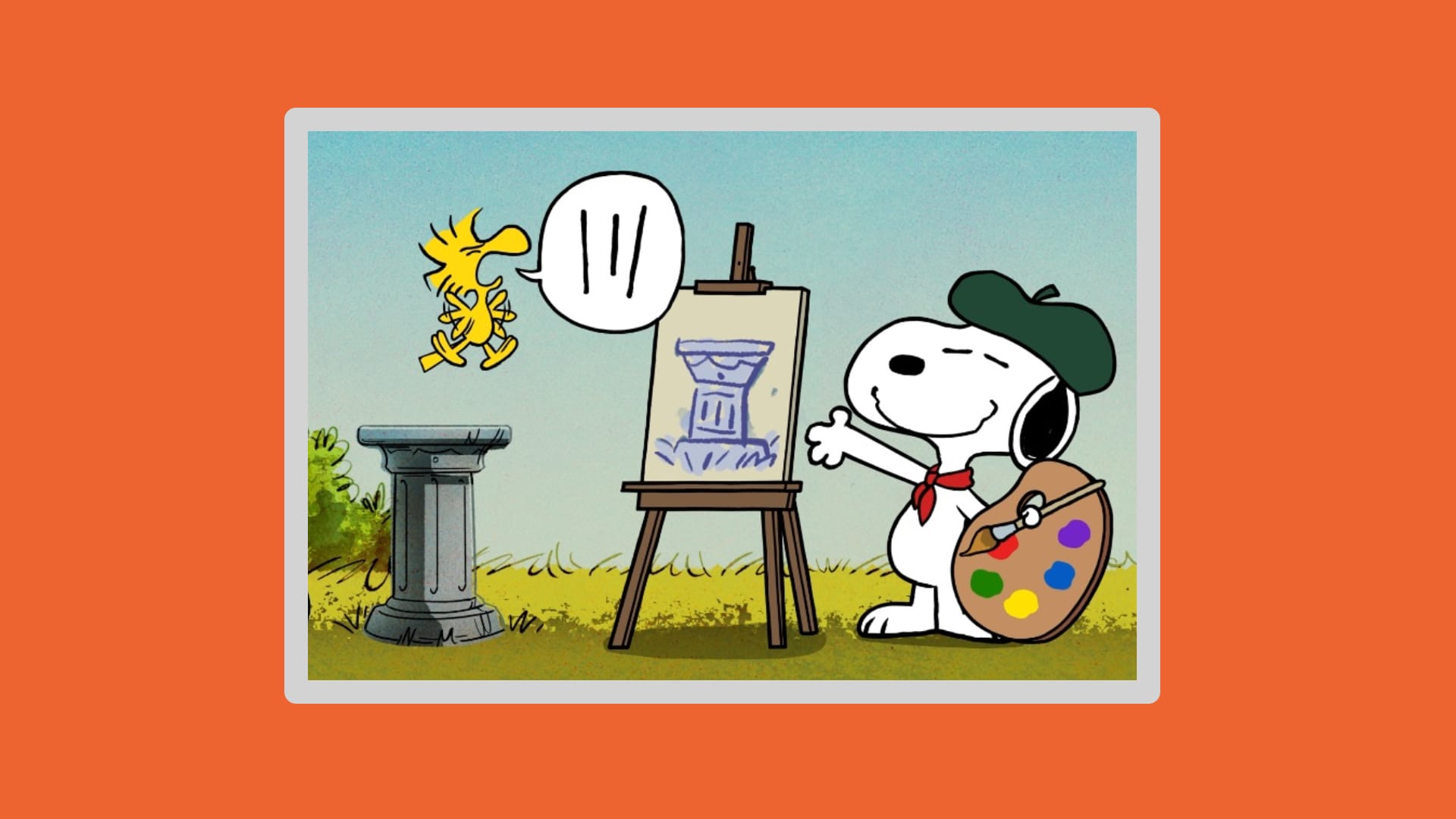 Snoopy painting and Woodstock being angry.