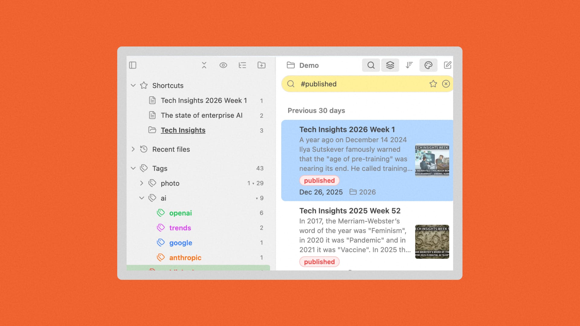 Screenshot from the app showing colorful tagging features and note organization.