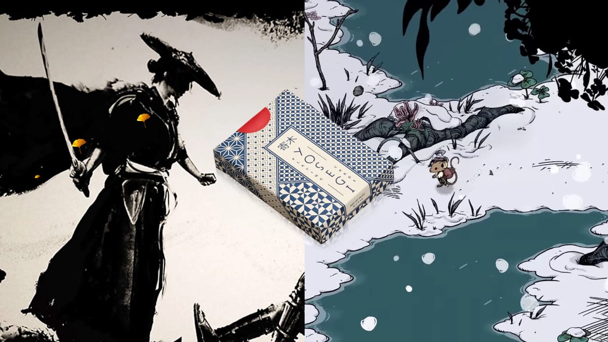 On the left is art from Ghost of Yotei with a playing card deck in the center, followed by a screenshot from Winter Burrow game on the rig