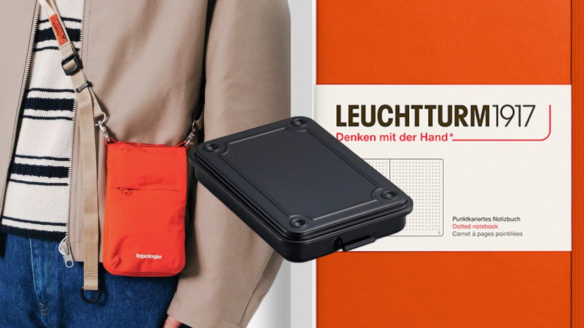 Pictured is a man on the left wearing a phone sling, with a metal storage box in the center, and a close-up of an orange notebook on the right.