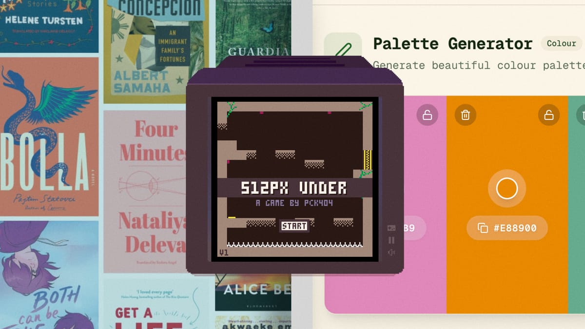 Images of books on the left, a pixel art television in the middle, and a palette generator on the right.