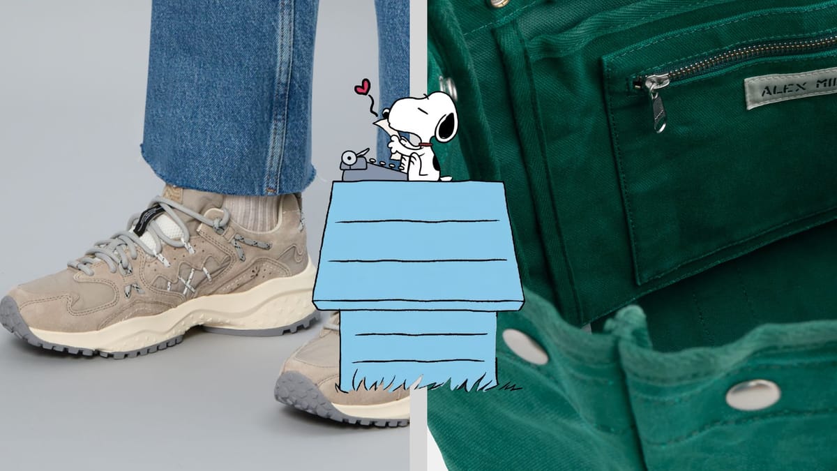 Flower mountain sneakers on the left, a green Alex Mill tote on the right, and Snoopy on top of his house in the middle.