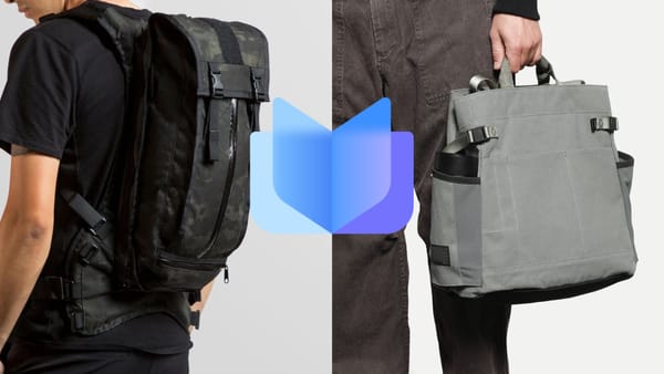 Mission Workshop Hauser backpack on the left, Pixel Journal app logo in the middle, and DSPTCH Cinch tote on the right.