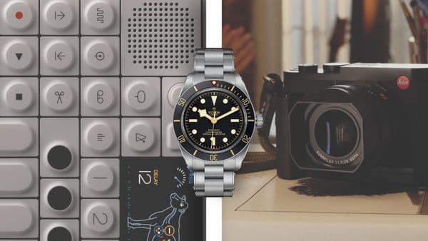 OP-1 Field on the left, the Tudor Black Bay 58 watch in the center, and the Leica Q2 on the right.