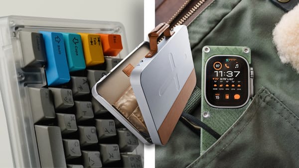 Colorful keycaps on the left, a briefcase in the middle, and an Apple Watch Ultra in a plastic case on the right.