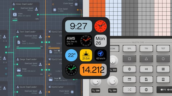 Screenshot of Upload Labs game on the left with a synth on the right and then a colorful widget overlaid on top of both of them.