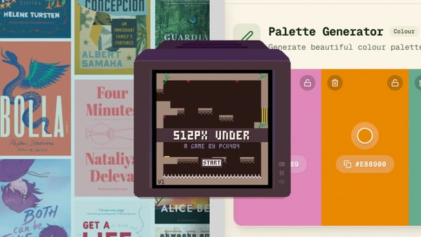 Images of books on the left, a pixel art television in the middle, and a palette generator on the right.