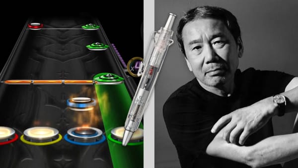 Clone hero on the left with a pen in the center and author Haruki Murakami on the right.