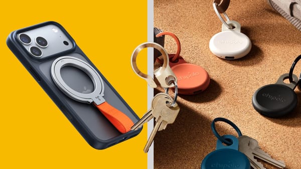 Picture of a phone on the left, with Grovemade keys in the middle, and Chipolo tags on the right.